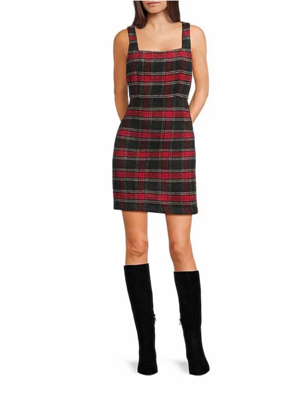 Copper Key Red and Black Plaid Square-Neck Mini Dress